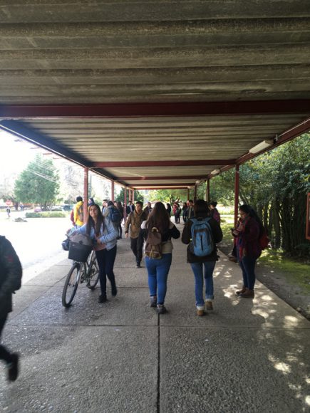 Estudiantes caminando una tarde vacia en el paradero de la universidad.